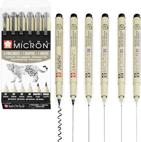 SAKURA Pigma Micron - Fineliner Pigment Pens - 01/03/05/08/Graphic/Brush - Pack of 6 - Black Ink