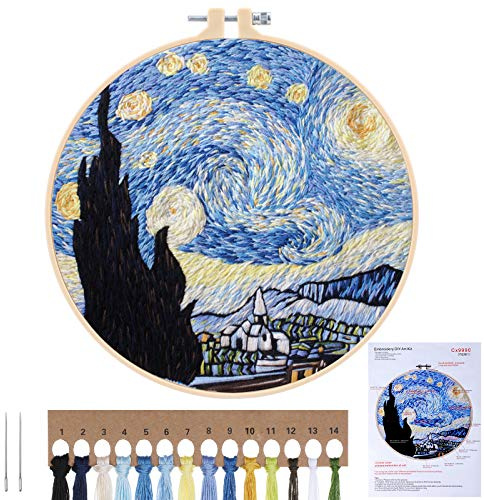MWOOT Kit de Démarrage de Broderie,DIY Point de Croix Broderie Starter kit with Embroidery Hoops,Embroidery Starter Kit de Couture à La Main (Ciel étoilé)