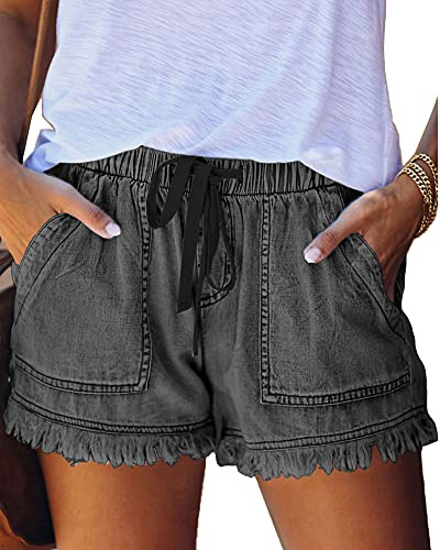 HVEPUO Women's Jean Shorts Frayed Raw Hem Drawstring Denim Shorts Casual Summer
