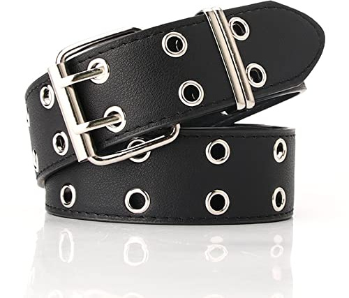 NiceYnn Dubbelt genomföringsbälte med avtagbar justerbar metallkedja – konstläder 3,3 cm bred dubbel öljett nit dubbat punkbälte fyrkantigt spänne, nr 3 svart, 109-3.3 cm längd x bredd