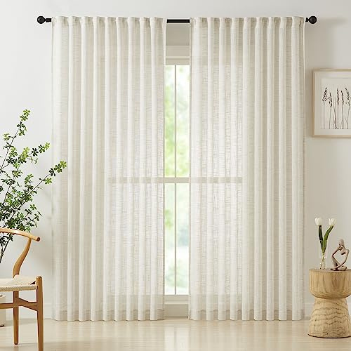 Linen Sheer Curtains for Bedroom 54inch Length Natural Semi Sheer Curtains for Living Room Kitchen Light Filtering Country Rustic Window Curtain Panels for Home Office Pencil Pleat 54W 1 Pair
