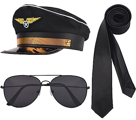 AOVNA 3 Pieces Pilot Costume Set Pilot Fancy Dress Accessory Hat Glasses Black Tie Pilot Dress Up for Halloween Books Day Cosplay