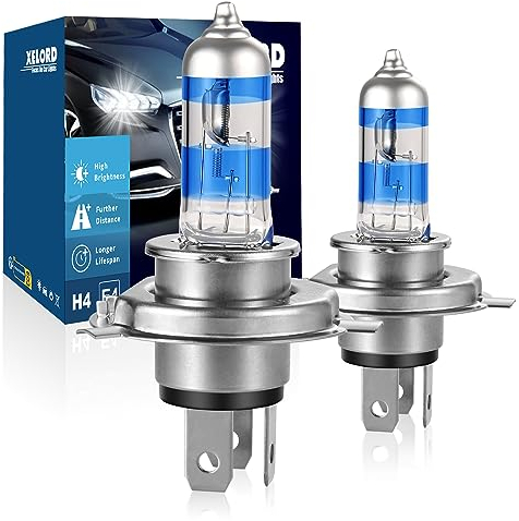 XELORD H4 55W Halogen Scheinwerferlampe,5000K Weiß,12V Auto,E-Prüfzeichen (2 Lampen)