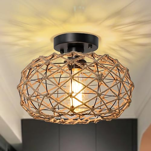 LynPon Lámpara de techo bohemia, cuerda de cáñamo tejida, jaula de ratán, lámpara costera rústica Retro de mimbre para dormitorio, pasillo, entrada, cocina