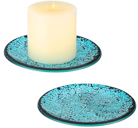 OwnMy 2PCS Mosaic Glass Candle Plates and Trays 6 Inch Pillar Candle Holders Plates, Glass Mosaic Candle Coasters Decorative Pillar Candle Stands Candle Bases for Wedding Table Centerpiececs, Blue