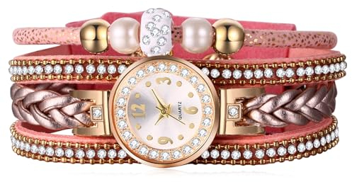 JewelryWe Uhren Damen Leder Vintage: Glitzer Strass Rosa Mehrreihig Geflochten Lederarmband Armbanduhr Frauen Analog Quarz Uhr mit Kugel Perlenarmband Geschichtet Leder Armband Surferarmband