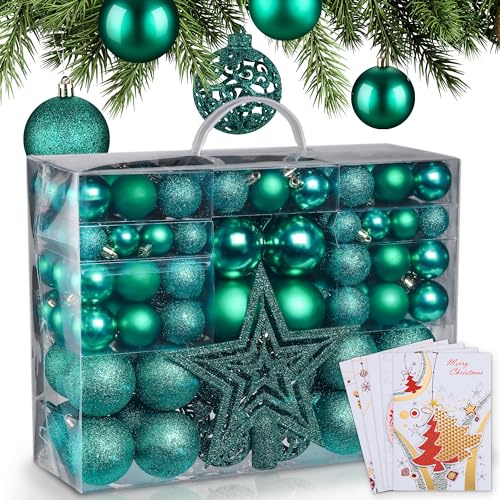 ONBEST Weihnachtskugeln 128-teiliges Set – 1x Baumspitze Glitzer Stern & 127x Kugel – mit Verpackung – Weihnachtsschmuck Deko für Drinnen & Draußen aus Kunststoff – Plus 5X Karte (Grün)