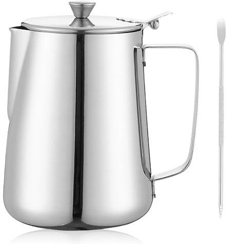 600ml Milchkännchen, Edelstahl Milchkanne mit Deckel, Milchschaumkännchen mit Messskala und Latte Art Pen, Kaffee Creamer Milch Aufschäumer Kännchen Tasse für Cappuccino, Espresso und Barista