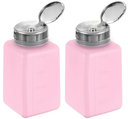 HARFINGTON 2pcs Solvent Alcohol Dispenser 200ml(6.8oz) Nail Polish Remover Push Down Liquid Dispenser Pump Bottle with Stainless Steel Press Head for Acetone Cleanser Polish Remover, Red