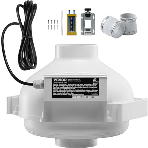 VEVOR Kit de Instalación de Ventilador de Mitigación Radón Silencioso 260 CFM con 2 Acopladores, Indicador de Presión, Ventilador de Extracción para Ventilación Interior y Exterior, 305 x 320 x 235 mm