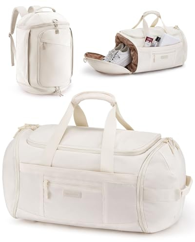 LOVEVOOK Sporttasche Damen Herren, Gym Tasche groß, Reisetasche mit Schuhfach, wasserdichte Trainingstasche Schwimmtasche, Travel Duffle Bag mit Rucksackfunktion für Fitness Sport Reise, Beige