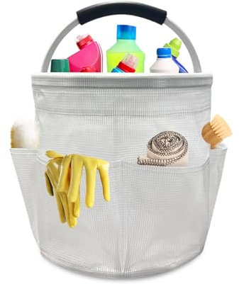 17L Panier de Nettoyage avec Poignée, 28x28cm Organiseur de Nettoyage avec 6 Poches, Étanche Tissu Oxford Sac de Nettoyage Pliable Rangement Produits Menagers Panier Menage pour Jardin (Clear)