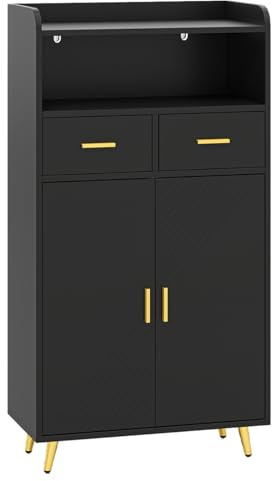 GOPLUS Armario de Almacenamiento con 2 Cajones y 2 Puertas, Mueble Independiente para Despensa de Cocina con Estantes Ajustables, Aparador para Comedor, Baño y Sala de Estar, Oficina,Estudio (Negro)