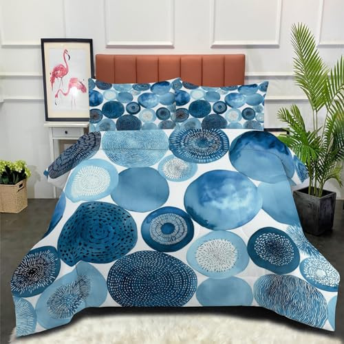 DLERFLOVR Edredón Relleno Nórdico 4 Estaciones Cama 90 140x200cm - Edredón Círculos Dibujados A Mano Nórdico de Fibra Patrón De Acuarela Suave Transpirable para Invierno, Primavera y Otoño, Azul