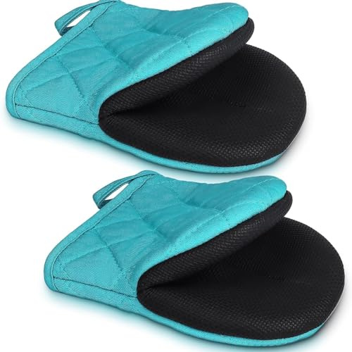 1 par de guantes cortos para horno, resistentes al calor, de algodón, superficie de agarre antideslizante y guantes de cocina para hornear, asar a la parrilla, microondas, color azul