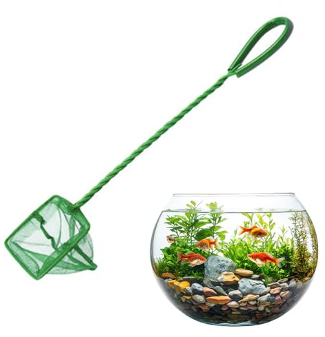 Green Fine Mesh Aquarium Fish Net with Long Stainless Steel Handle for Catching Small Fish and Shrimp in Tanks