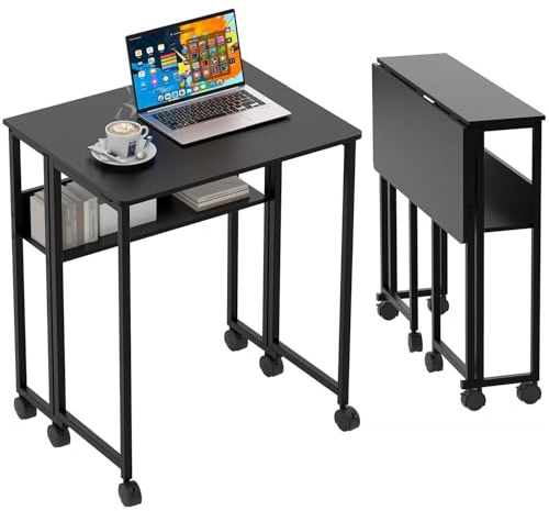 Thaookte Bureau pliable avec étagère de rangement, 75 cm, bureau d'ordinateur pliable pour petits espaces, table d'écriture à roulettes pour bureau à domicile, chambre à coucher, montage facile, noir