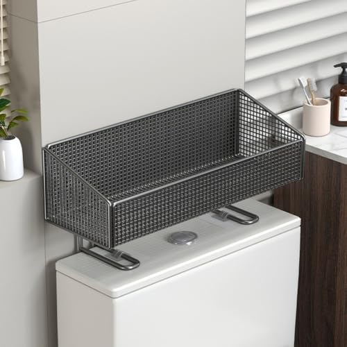 Estante de almacenamiento para baño con 2 niveles de metal abiertos, material de hierro con revestimiento de pintura para hornear, diseñado para organizar pañuelos y artículos de tocador (negro)