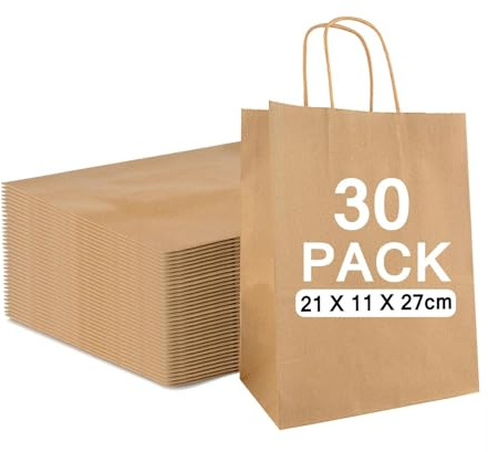 30 sacchetti di carta regalo marrone, 21 × 27 × 11 cm, perfetti sacchetti di carta kraft per affari, sacchetti regalo per shopping, matrimoni, imballaggi, feste, compleanni, Natale, merchandise