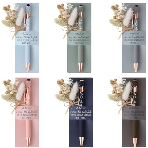 Hestya 6 Sets Cadeaux de Remerciement pour Collègues et Membres d'Équipe Comprend Stylo à Bille Tactile avec Gravure Bouquet de Fleurs Séchées Naturelles Porte-Stylo pour un Cadeau d'Adieu