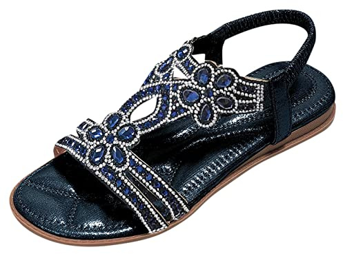 Platta sandaler för kvinnor uppklädd strass boho-sandal smart ledig bred öppen tå elastisk rem slip-on sandaler damer låga klackar gladiatorsandal fritid sommar strandsandaler för bankettfest