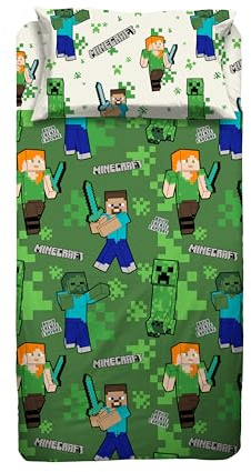 Minecraft - Juego de sábanas para Cama Individual, sábana encimera, sábana Bajera Ajustable, Funda de Almohada, Verde, 100% algodón, Producto Oficial