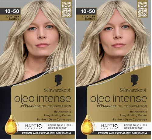 Schwarzkopf Oleo Intense Permanent Oil Colour 10-50 Light Ash Blonde Hair Dye, Perfect Grey Coverage, Conditioner with HaptIQ System, Long-Lasting Colour, Ammonia Free Hair Dye (Pack of 2)
