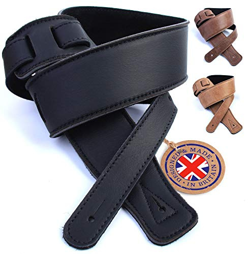 British Handmade Real Leather Guitar Strap: Finest Ultra Soft Italian Nappa Leather, 130cm long Foam Cushion Padded Guitar Belt - Suits Electric, Bass or Acoustic Instruments (inc Semi/Electro)