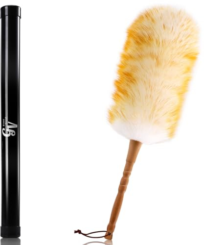 Green Vivid Lambswool Duster with Solid Wooden Handle,Leather Hang Strap,18.9 inch Long,Natural Feather Duster for Cleaning Ceiling Fans,Window Blinds,Computer Screens,Bookshelves etc