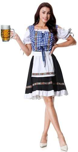 maxToonrain Oktoberfest Outfit Women German Beer Bavarian Dirndl Dress Plaid Short Sleeve for Halloween Beer Festivals (Blue Gingham White Apron, L)