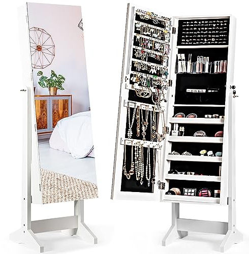 COSTWAY Armadietto Portagioie Specchiera per Gioielli, Armadio per Gioielli 2 in 1 con Grande Capacità, 4 Angoli Regolabili, 41 x 36,5 x 146 cm (Bianco)