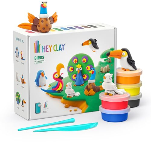 HEY CLAY Set 15 barattoli di pasta modellabile che asciuga all'aria per bambini dai 3 anni in su - Kit сreativo per attività artistiche e manuali (Uccelli)