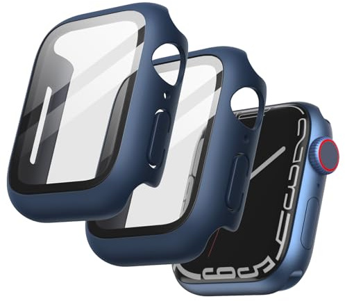 JETech Hülle mit Displayschutz für Apple Watch Series 9 8 7 41 mm, Gesamt Schutzhülle, Eingebaut Gehärtetes Glas Schutzfolie Hoch Empfindlichkeit, 2 Stück (Blau)
