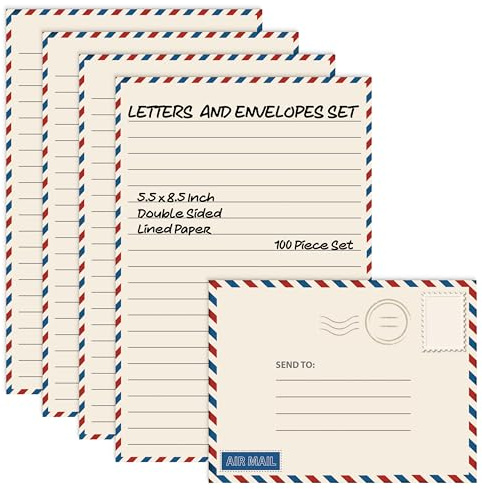 Better Office Products Vintage Airmail Mini set di cancelleria, set da 100 pezzi (50 fogli a righe + 50 buste abbinate), 14,0 x 21,0 cm, design, stampa su entrambi i lati, carta foderata su entrambi i