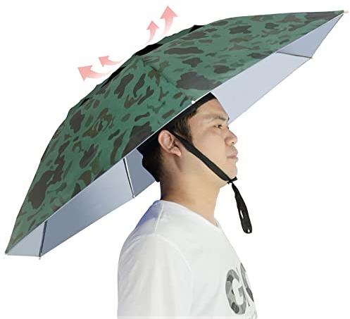 NEW-Vi Chapeau parapluie de pêche pliable réglable - 95 cm - Mains libres - 7 baleines - Anti-UV - Imperméable - Pour la pêche, le jardinage, le golf, l'extérieur, camouflage/argenté