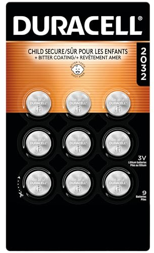 Duracell 2032 Lithium Battery, 9 Count (Pack of 1), Child Safety Features, Compatible with Key Fob, Tea Light Candles and Other Devices, CR2032 Battery