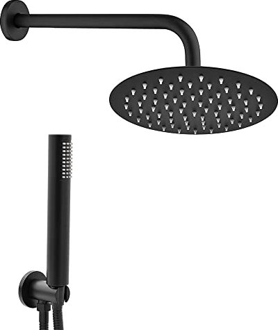 Set doccia completo nero opaco in acciaio inox, braccio 33 cm e soffione 25 cm, kit doccia con presa acqua, doccino e flessibile 150 cm