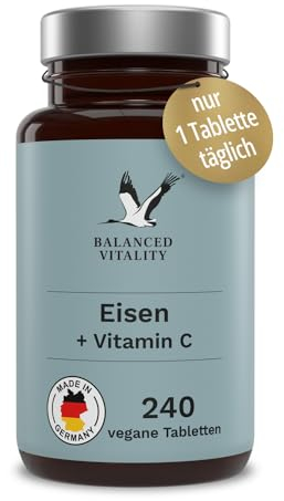 Eisen 20 mg aus Eisenbisglycinat + 40 mg natürliches Vitamin C aus Acerola - 240 VEGANE Tabletten für 8 Monate - ohne Zusatzstoffe - laborgeprüft - Balanced Vitality