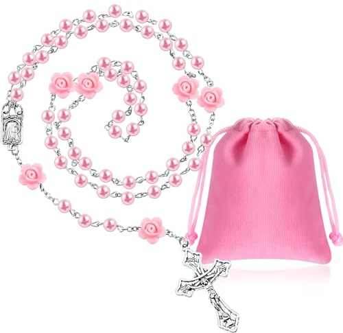 Sinmoe Rosa Rosenkranz Halskette mit Samt Geschenkbeutel Elegante Kreuz Gebetskette Glas Perlen Katholischer Rosenkranz Heiliges Kommunion Geschenk für Damen Mädchen