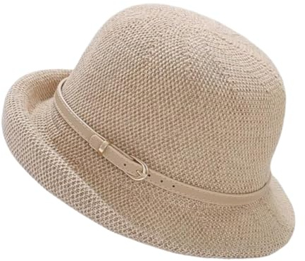 XGOPTS Women's Summer Cloche Sun Straw Hat Foldable Short Brim Straw Hat Roll-up Bucket Hats with Metal Buckle Decoration Summer Outdoor UV-Protection Straw Cap for Beach Holiday Traveling Khaki