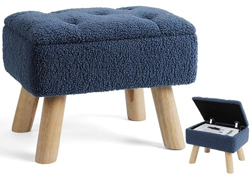 OGEMXU Storage Ottoman, Small Foot Stool Ottoman With Storage, Boucle Teddy Velvet Foot Rest With Padded Seat. (Dark Blue)