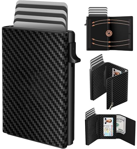 Cartera para Hombre, Tarjetero con Cierre Magnético y Monedero, Billeteras y Tarjeteros Pop Up de Fibra de Carbono para 9 a 14 Tarjetas, Ventana de identificación, Ranura de Efectivo