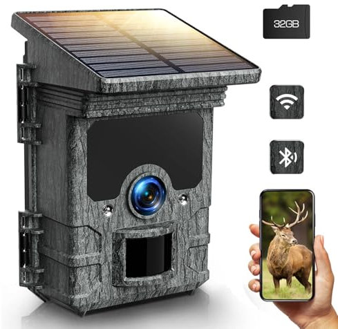 VOOPEAK Wildkamera Solar WLAN 4K 30fps 85MP, Wildkamera mit Handyübertragung APP, Wildtierkamera mit Bewegungsmelder Nachtsicht 120° Weitwinkel IP66 wasserdichte mit 32GB Micro SD Karte