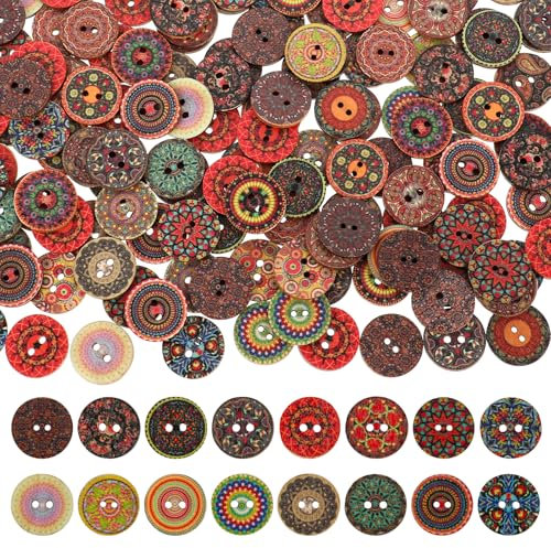 Bunte Knöpfe, 200 Stück Holzknöpfe Kinder 20mm Knöpfe zum Basteln Retro Gemischt Muster Knöpfe Bunt Exquisit Knöpfe zum Annähen Geometrishes Muster Kinderknöpfe, für Nähen, DIY Basteln, Dekoration