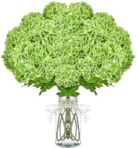 Thiccywoov 10 Pcs Artificial Green Hydrangea Flower 2 Stems 26.4 '' Real Touch Fake Latex Hydrangea Flowers Indoor Faux Floral Arrangement for Vase Table Centerpieces Bouquets Home Decoration(Green)