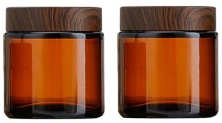 Lot de 2 pots à crème ronds en verre ambré de 100 ml avec doublure intérieure et couvercles en grain de bois, pour lotion, crème, beurre corporel, épices