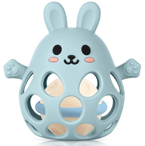 HOTUT Sonaglio Silicone Neonato,Palla Sonaglio per Bambini Femmina Maschio per Neonati, Palla a Presa per Bambini, Senza BPA - Blu