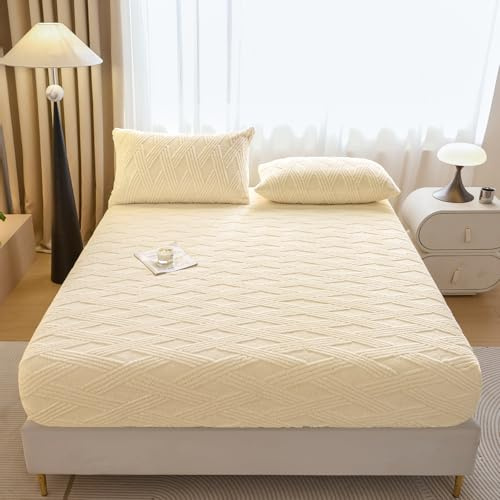 WONGS BEDDING Fleece Jacquard Fitted Sheet Only, Ultra Soft Fluffy Plush Deep Pocket Fitted Bottom Sheet for Fall Winter, Cozy Warmth and No Shedding, Beige, King