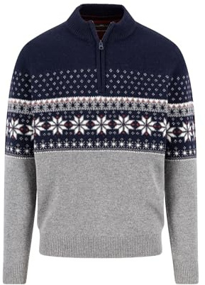 FYNCH-HATTON Maglione in pura lana con motivo norvegese e colletto Troyer, blu navy, XL