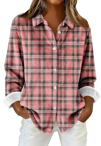 Chemise en Flanelle pour Femmes Chemises à Manches Longues pour Femmes Blouse en Molleton Hauts décontractés à Boutons Pink L